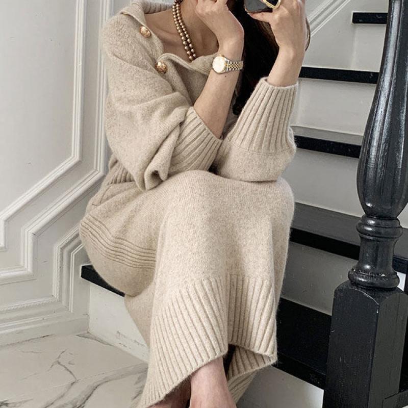 Осеннее трикотажное платье, женское водолазка с длинным рукавом, платье-свитер, зимнее вязаное корейское модное свободное платье-туника, пуловер