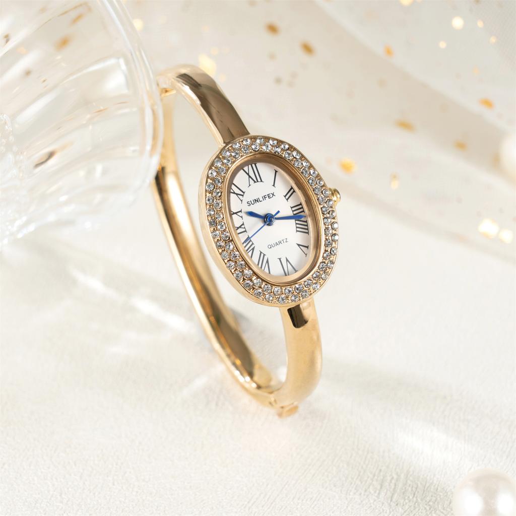 Новые Роскошные Элегантные женские Браслетные Наручные Часы Римские Цифры Инкрустированные Стразами Овальные Водонепроницаемые Женские Кварцевые Часы Reloj