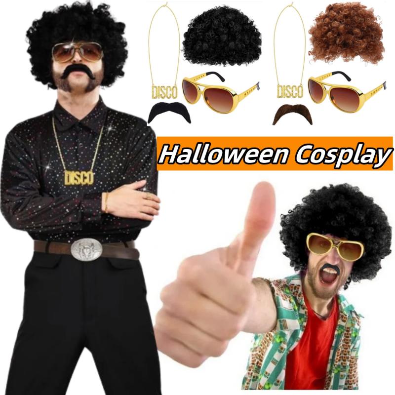 Costume Jewelry Set Synthetic Curly Hair Wigs Afro Wig Sunglasses Necklace For Adult Hip Hop Cosplay Party Accessories Hair Prop