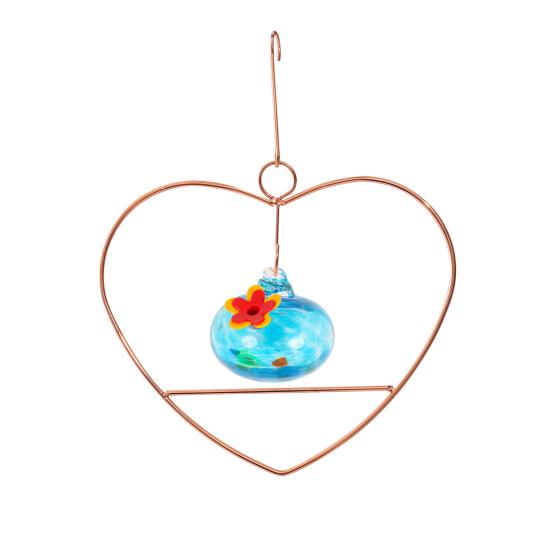 Heart-Shaped Hummingbird Feeder Hanging Water Feeder with Perch Colorful Glass Bottle Wire Frame Hummingbird Feeder for Porch Yard Garden Outdoor
