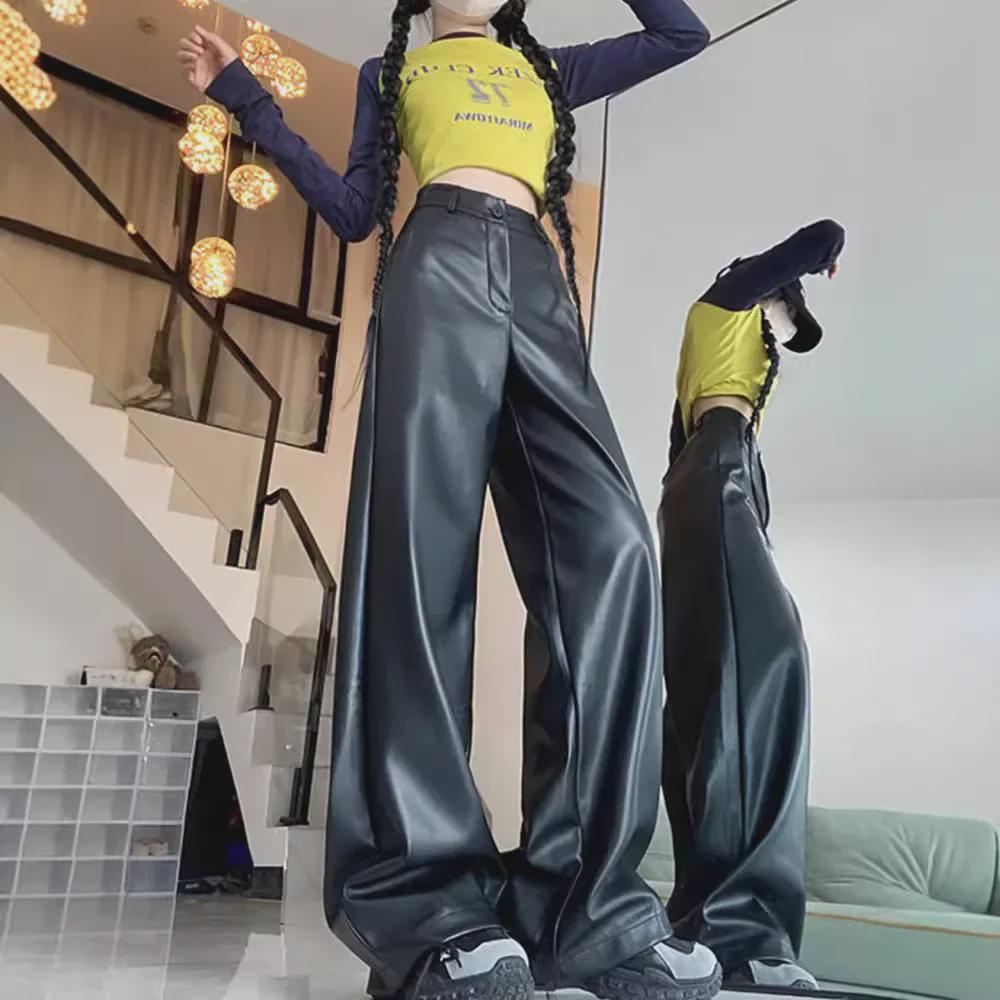 Women's High Waist Wide-Leg PU Leather Pants - Plus Size, Slim & Loose Fit for Fall