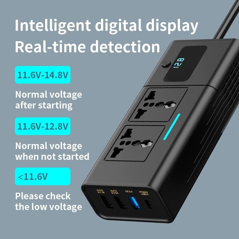 Автомобильный инвертор 200 Вт 12 В на 220-240 В с USB-C, USB-A, QC3.0, PD, цифровым дисплеем, универсальной розеткой AC, быстрой зарядкой