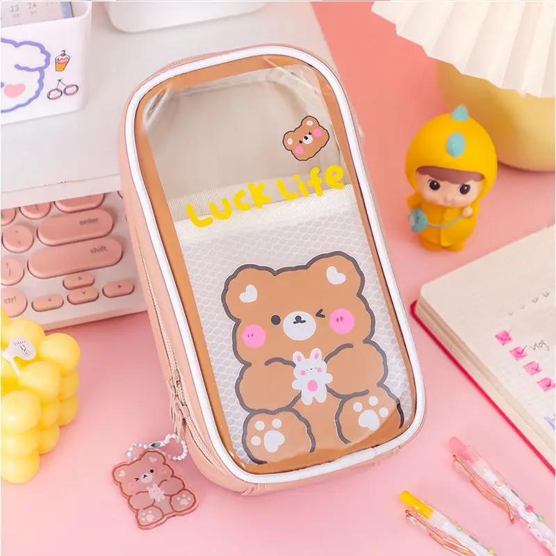 Прозрачный пенал, сумка для хранения карандашей большой емкости для школьников, коробка для канцелярских принадлежностей с медвежонком