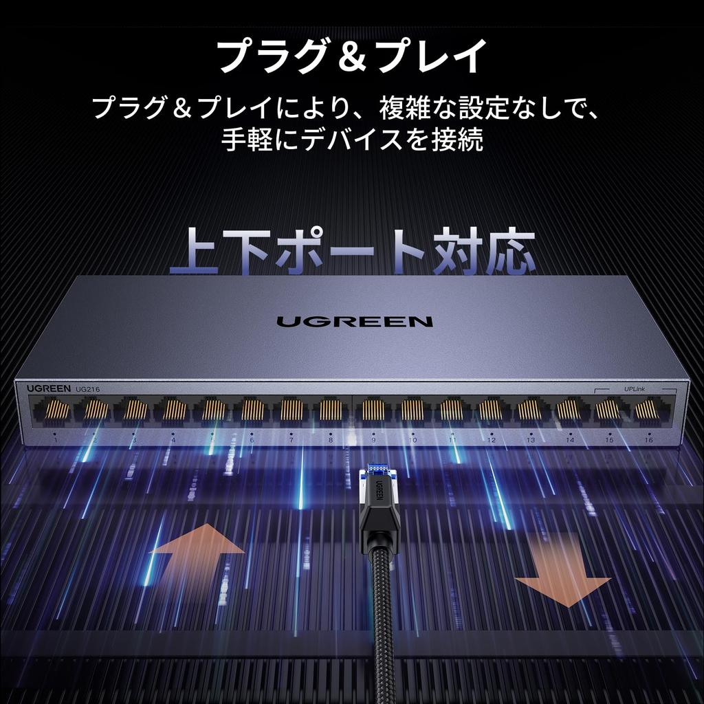 UGREEN 16-Port Gigabit LAN Hub, 1000Mbps, Wall-Mountable, Plug & Play, Metal Casing, PSE Certified, AC Adapter Included