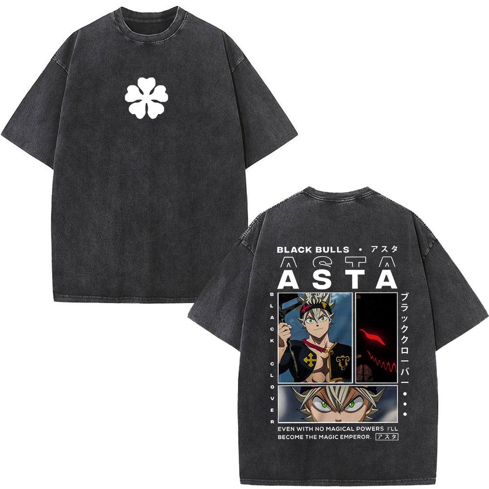 Washed Anime Black Clover Logo Graphic Print T-shirt Harajuku Summer Fashion Casual Cotton Oversized T-shirts Tops Streetwear