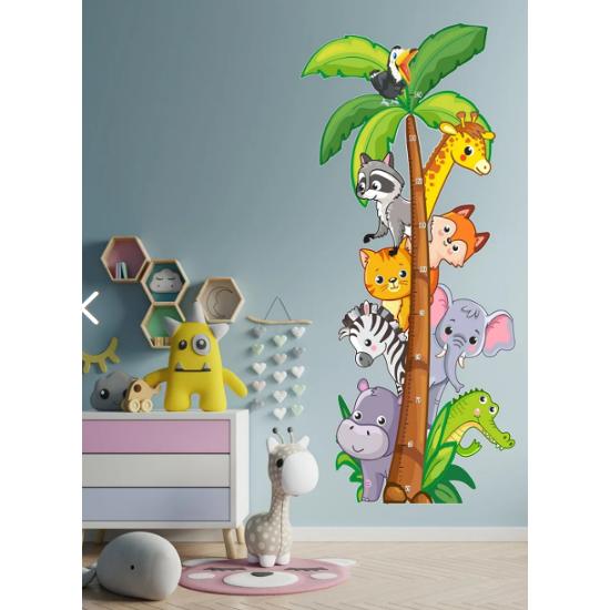 Cute Safari Animals Themed Height Measure Kids Room Multipurpose Cabinet Wall Sticker Set