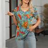Women's Fashion V Neck Floral Print Short Sleeved Pullove T-shirt Top