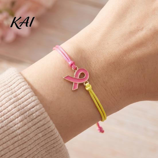 Health Care Theme Gifts 2 Pcs Breast Cancer Awareness Bracelets, Adjustable Braided String Soft Woven Rope Jewelry Bracelets with Ribbon Charm,