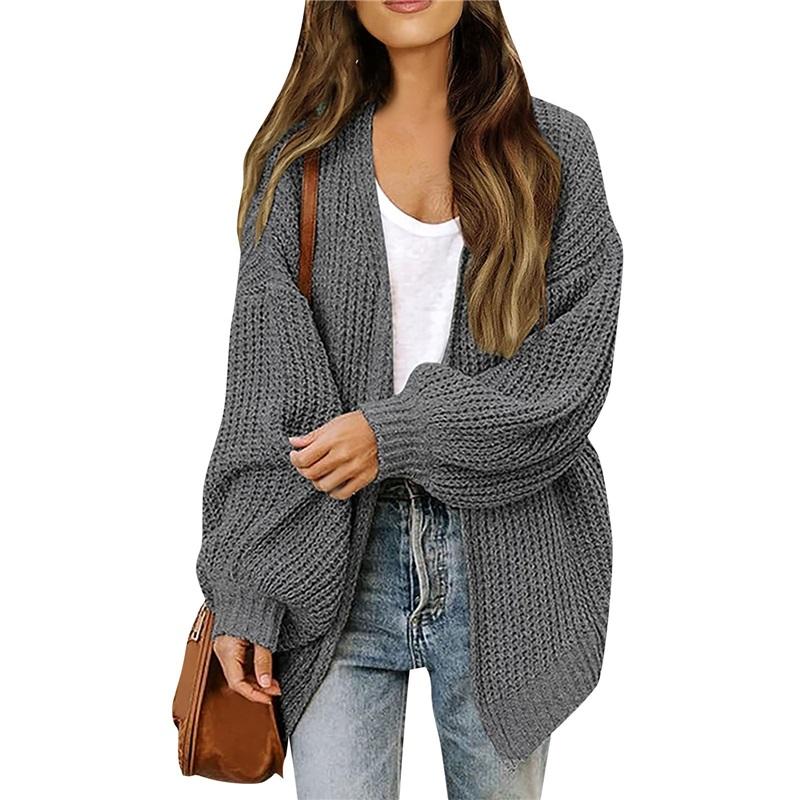 Women's Open Front Knit Cardigan Lantern Sleeve Oversized Sweater Coat