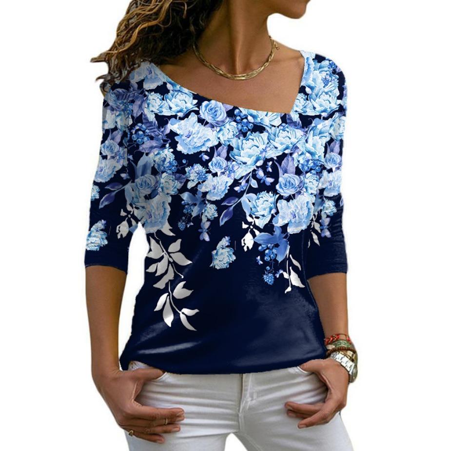 Футболки с косым воротником, длинный рукав, цифровая модная принтованная косая горловина, женская повседневная футболка для женщин