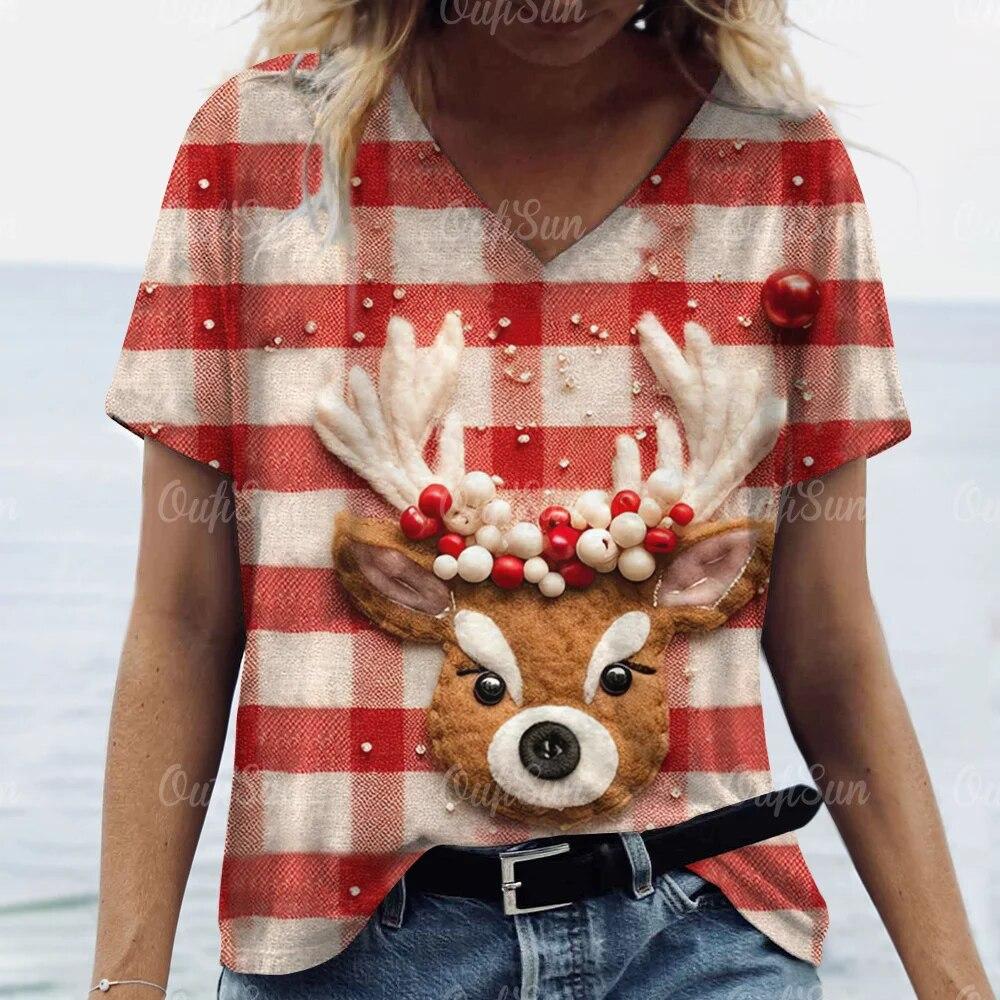 Новая рождественская женская футболка с 3D принтом Санта-Клауса, футболки с короткими рукавами и v-образным вырезом, уличная одежда большого размера, женский пуловер в стиле Харадзюку, топы