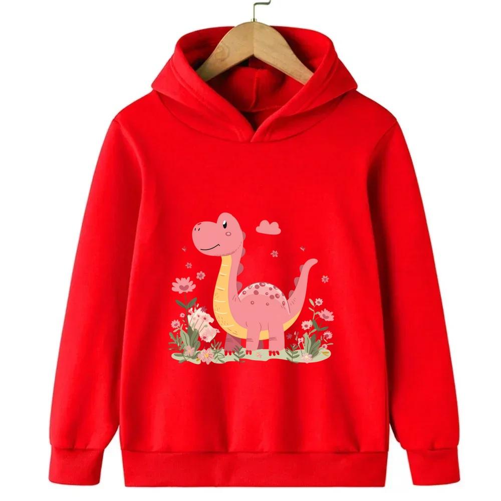 Red children's hooded sweatshirt cartoon dinosaur cute sweatshirt autumn and winter long sleeved boy and girl's favorite jacket