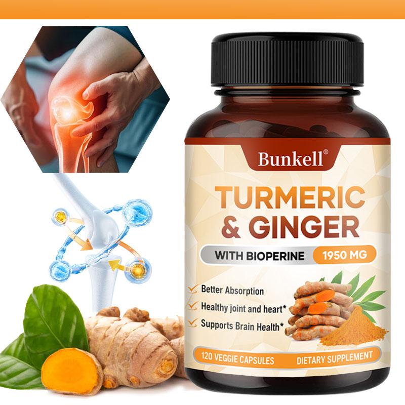 Turmeric Ginger Capsules 1950mg with Black Pepper Extract, 120 Vegan Veggie Capsules Dietary Supplement