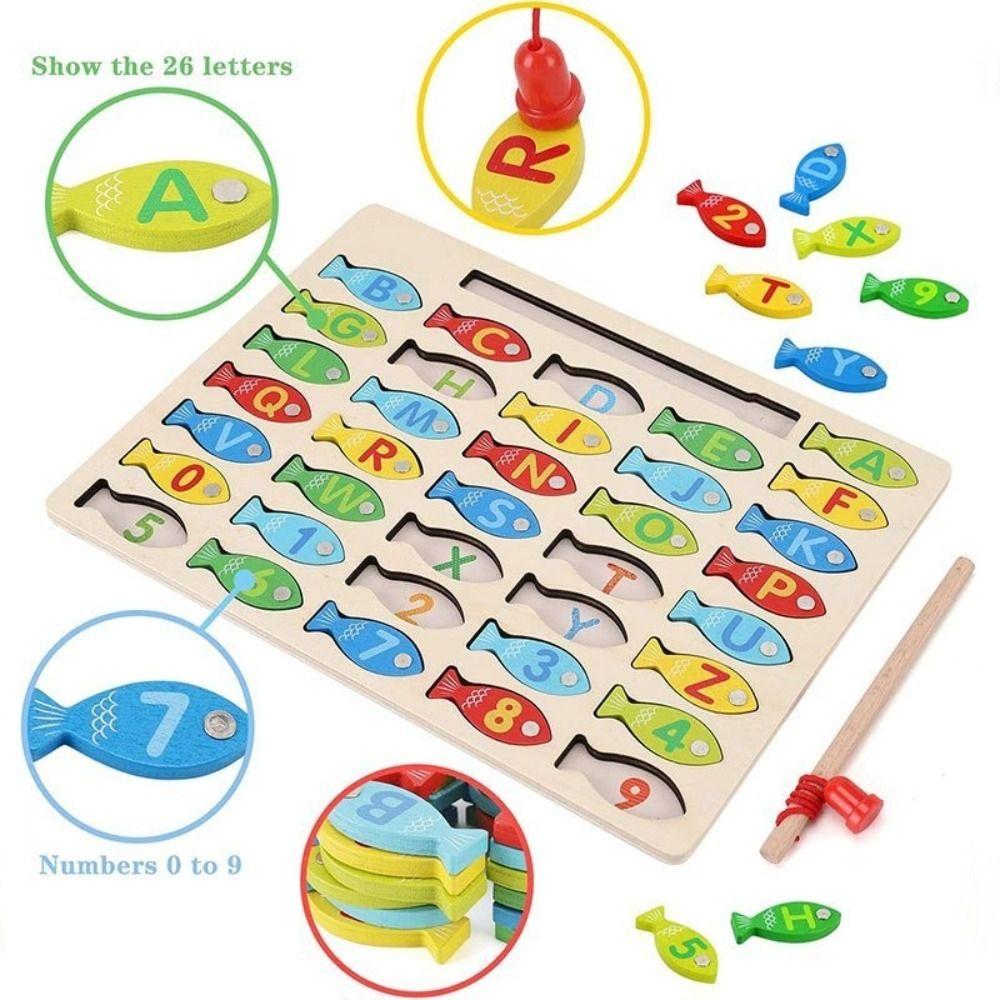 Wooden Kids Fishing Toys Letter Cognition Fishing Game Toy Letter Number Puzzle Birthday Gift