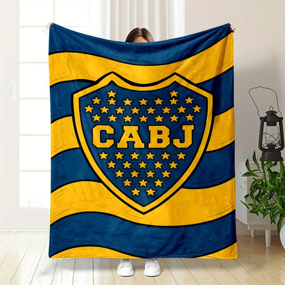 CABJ Shield with Stars on Blue & Yellow Patterned flannel blanket perfect for the bedroom living room, sofa, or a little nap