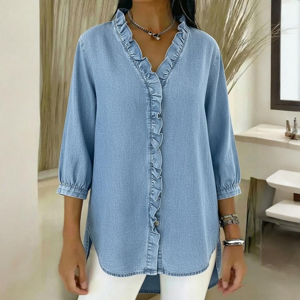 Женская модная повседневная джинсовая блузка с V-образным вырезом и оборками