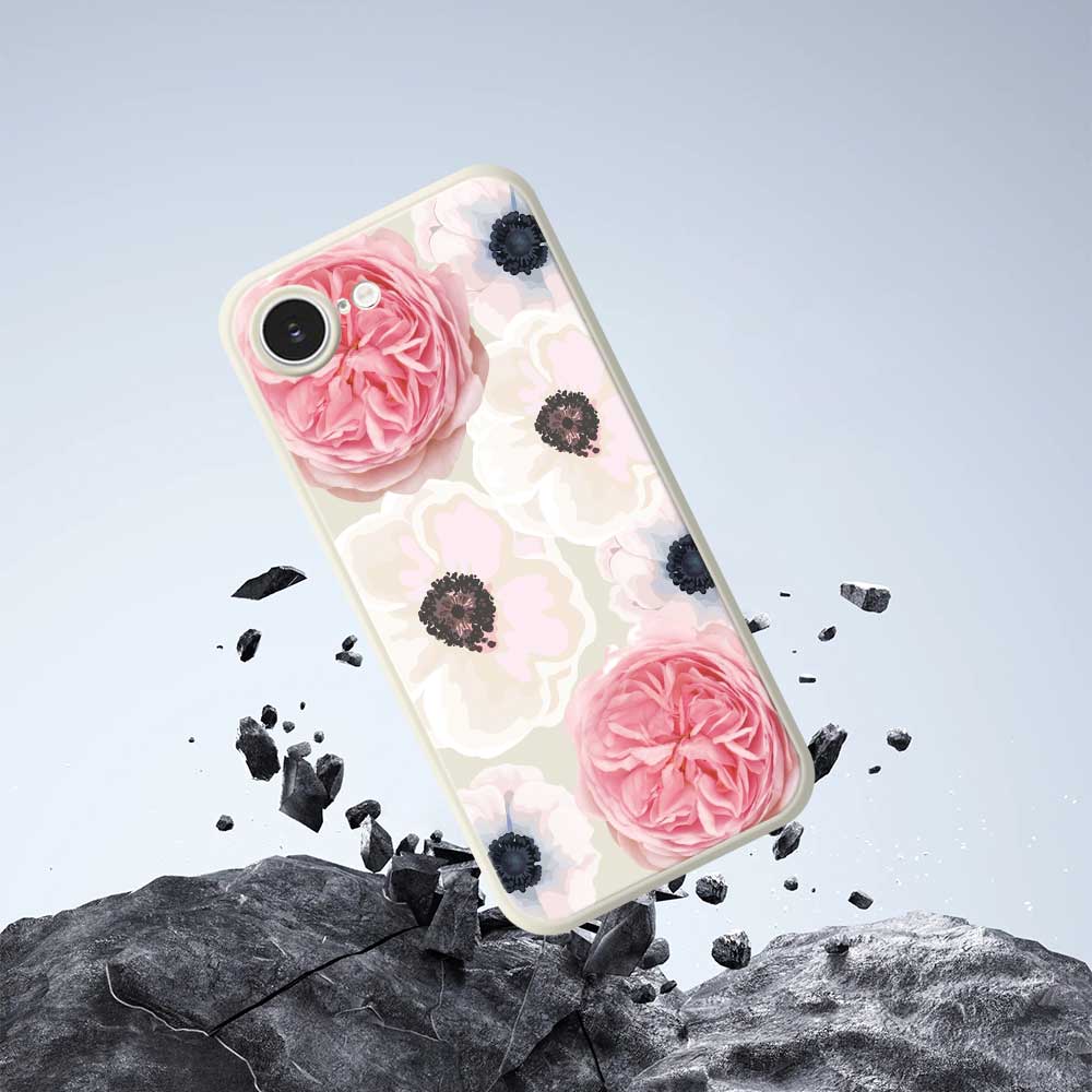For iPhone 16e Case White and Pink Flower Pattern Printing Straight Edge TPU Phone Back Cover