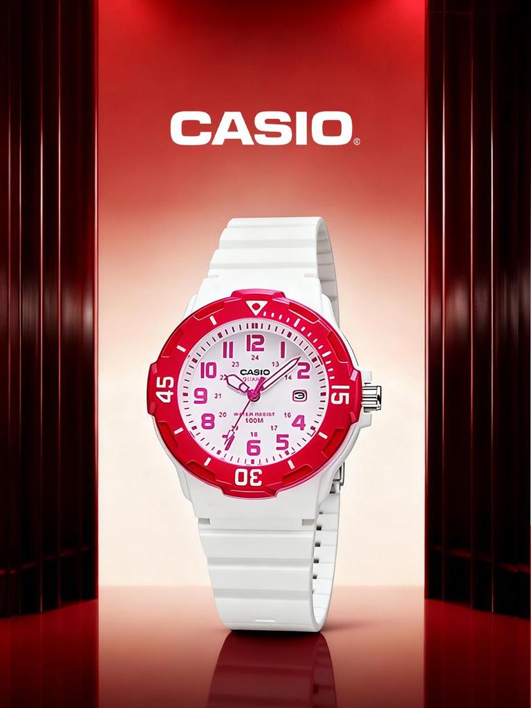 Casio Женские кварцевые часы с силиконовым ремешком и красно-белым циферблатом LRW-200H-4B