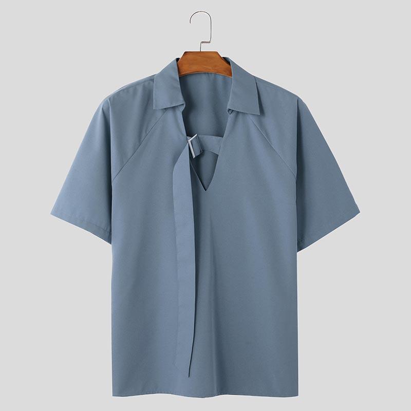 INCERUN Летние мужские однотонные повседневные футболки с коротким рукавом и металлической пряжкой на шее