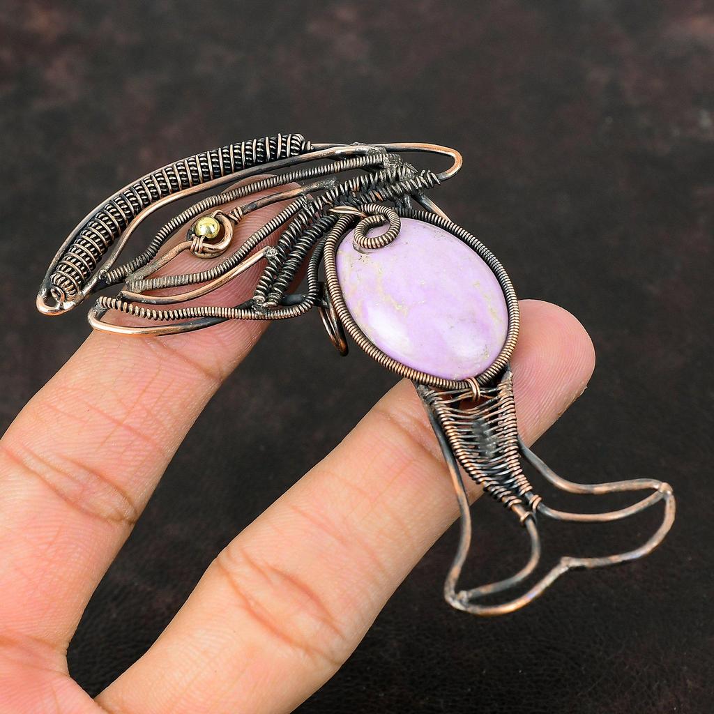Кулон из фосфосидерита, кулон, обмотанный медной проволокой, кулон с драгоценным камнем, медные украшения, ручная работа, кулон в виде рыбы, украшения из фосфосидерита в подарок