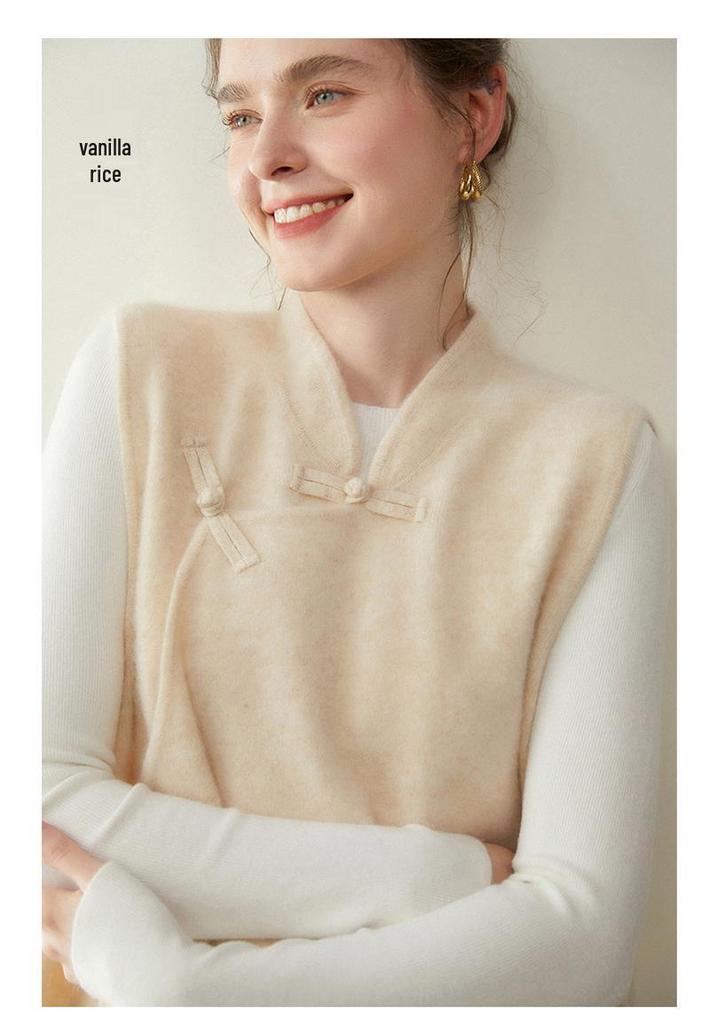 Women's Cashmere Frog Button Chinese-Style Knit Shawl Vest