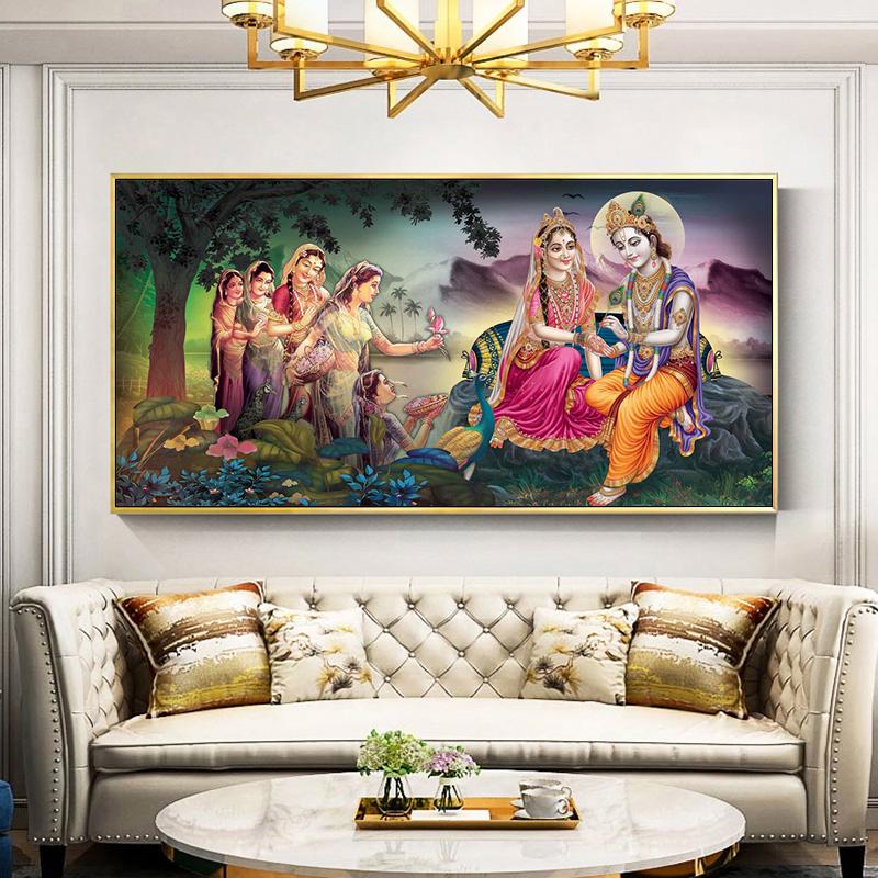 Классические постеры и принты с индуистским богом, Радха, Господь Кришна, канавы, живопись, настенное искусство, красочные религиозные картинки для гостиной