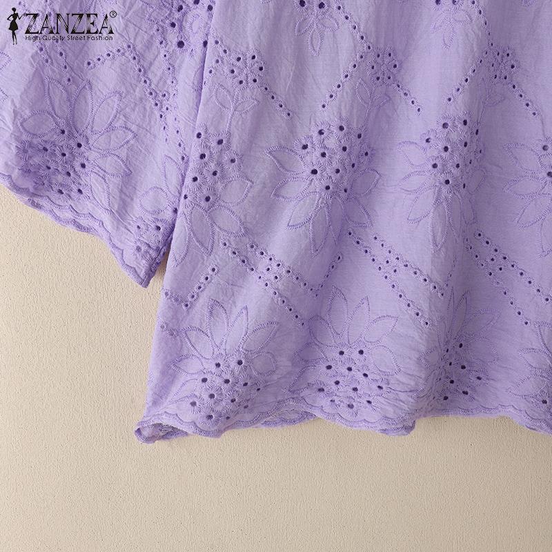ZANZEA Женская повседневная летняя блузка с круглым вырезом и коротким рукавом с кружевной вышивкой