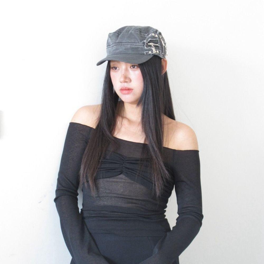 Y2k Metal Rivet Flat Top Hat Cloth Equestrian Hat Personality Retro Baseball Cap  Travel