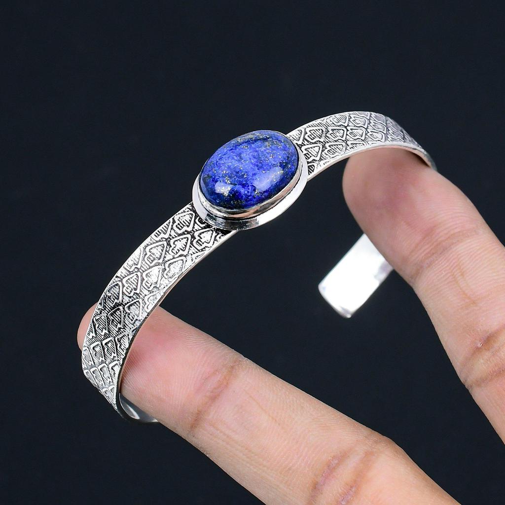 925 Sterling Silver Throat Chakra Oval Lapis Lazuli Gemstone Wife Bangle Jewelry