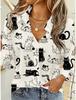 Women's Spring Summer 3D Printed Collared Shirt, Light Grey Base Hand Drawn Cartoon Cat Yarn Ball Cute Animal Daily Blouse