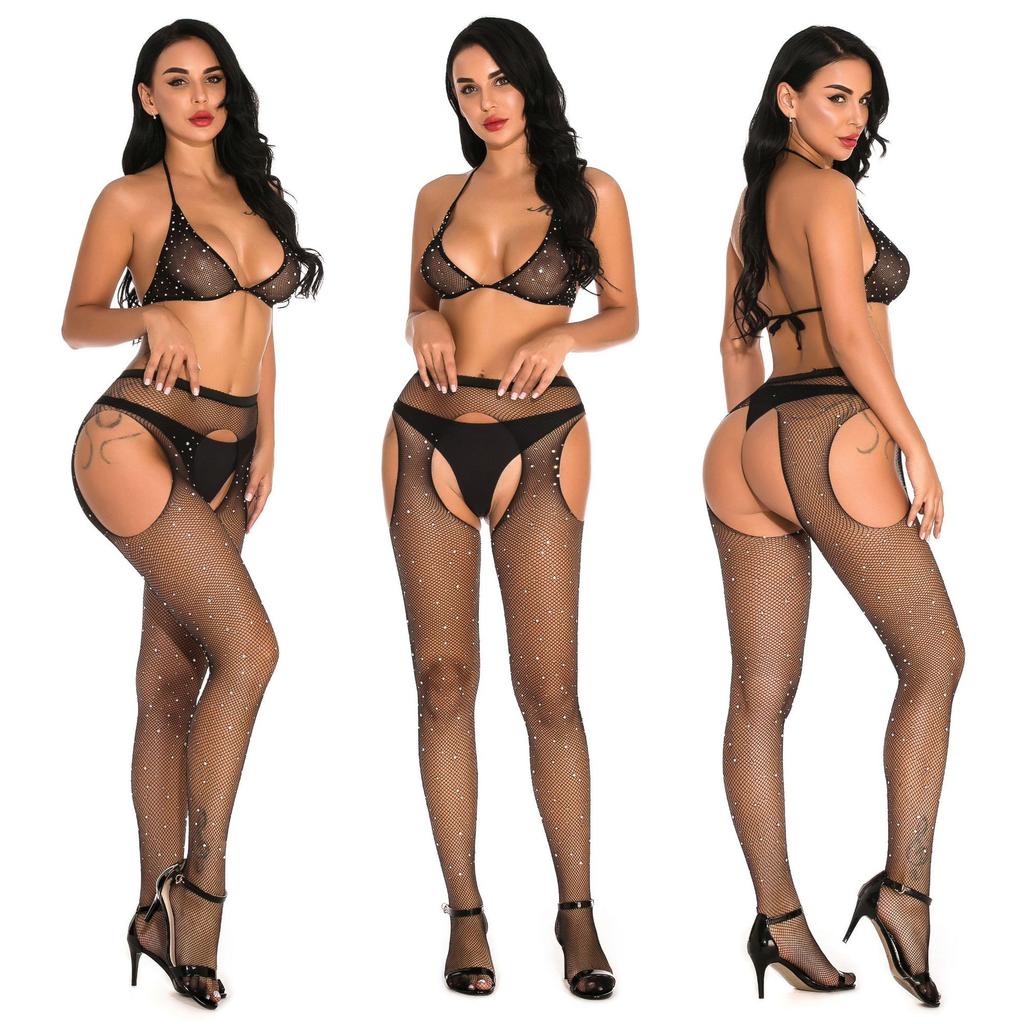 Popular Sexy Bodystocking With Hot Rhinestones Sexy Four-sided Open Mesh Panties Fine Mesh Socks With Rhinestones