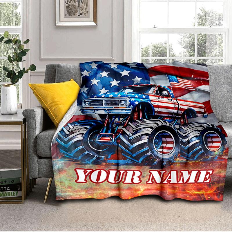 1PC Custom Name American Flag Monster Truck flannel blanket versatile, all-season throw suitable for the living room, bedroom, camping, travel, and gi
