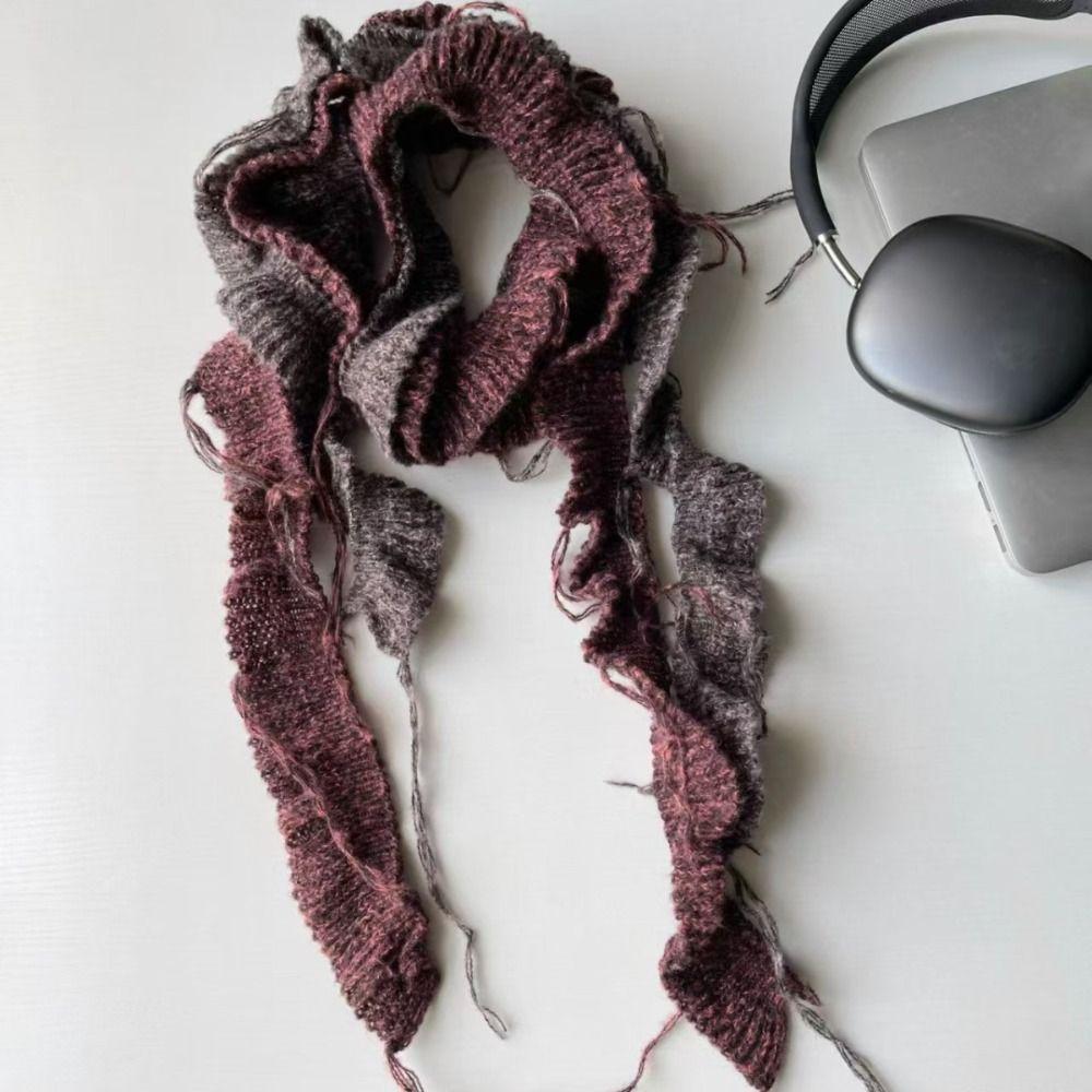 Irregular Knitted Scarf Solid Color Long Narrow Scarves Retro Ruffle Shawl  Streetwear