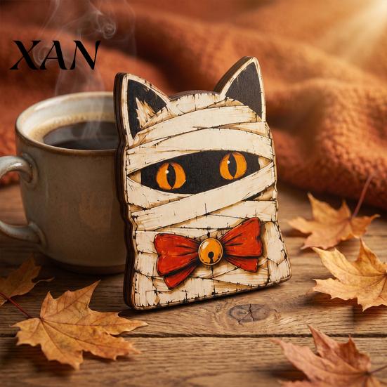 Vintage Style Halloween Ornaments Wooden Decor, Cat Mummy Skeleton Figurines, Spooky Party Supplies Fall Farmhouse Tabletop Centerpiece for