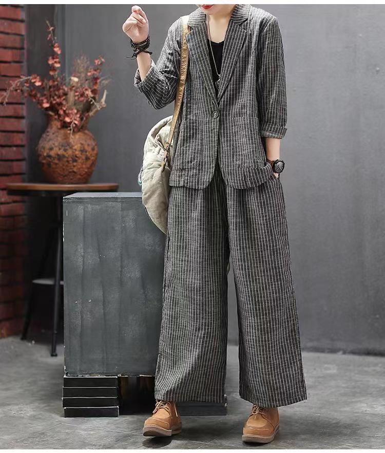 Осенне-зимний женский комплект в винтажную полоску, свободный костюм из двух предметов, брюки