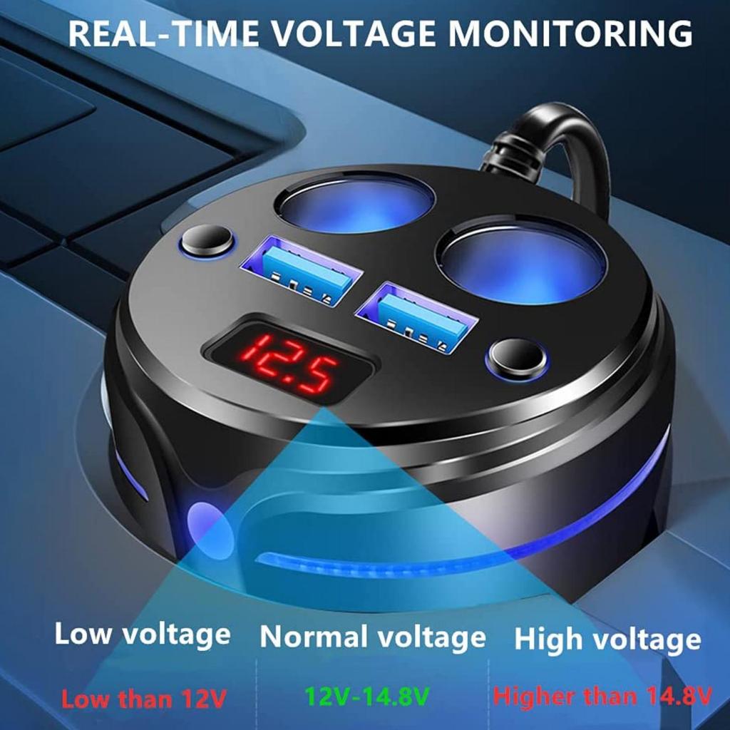 Auto Socket Lighter Adapter,Car Charger 2 USB QC and 2 Socket Cup Shape Auto Socket Lighter Splitter with LED Voltage Display Atmosphere Dual On/Off