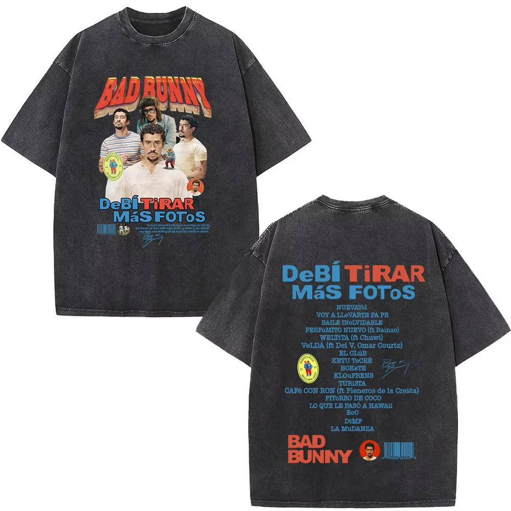 Rapper Bad Bunny T-shirt Debi Tirar Mas Fotos DTMF Album 2026 Washed Vintage T Shirt Men's Women Hip Hop Oversized Male T-shirts