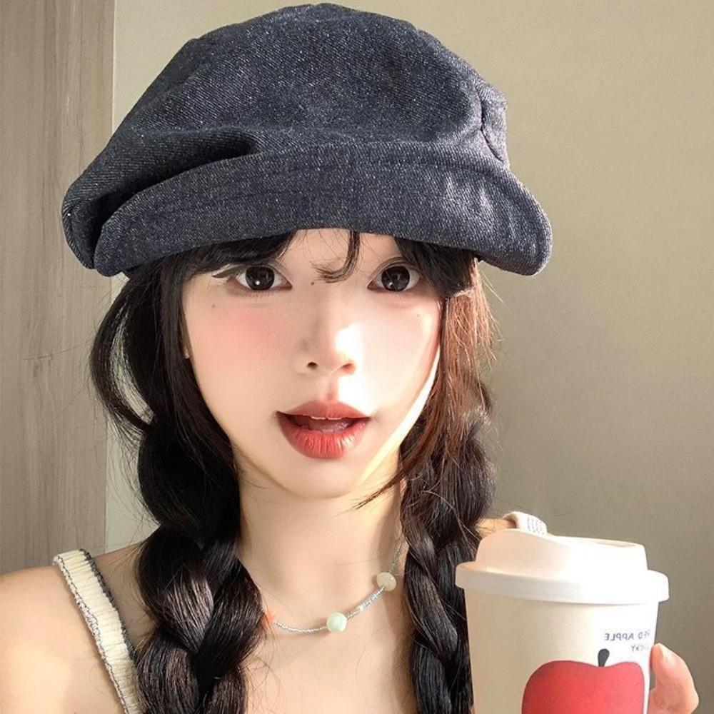 Cloud Octagonal Cap Japanese Pleated Painter Hat Casual Denim Beret  Girl