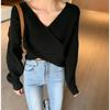 Осень Корейский Шик Талия Приталенный Повседневный Модный Сексуальный С перекрещенным V-вырезом Свитер С открытым плечом Вязаный С длинным рукавом Вязаный топ