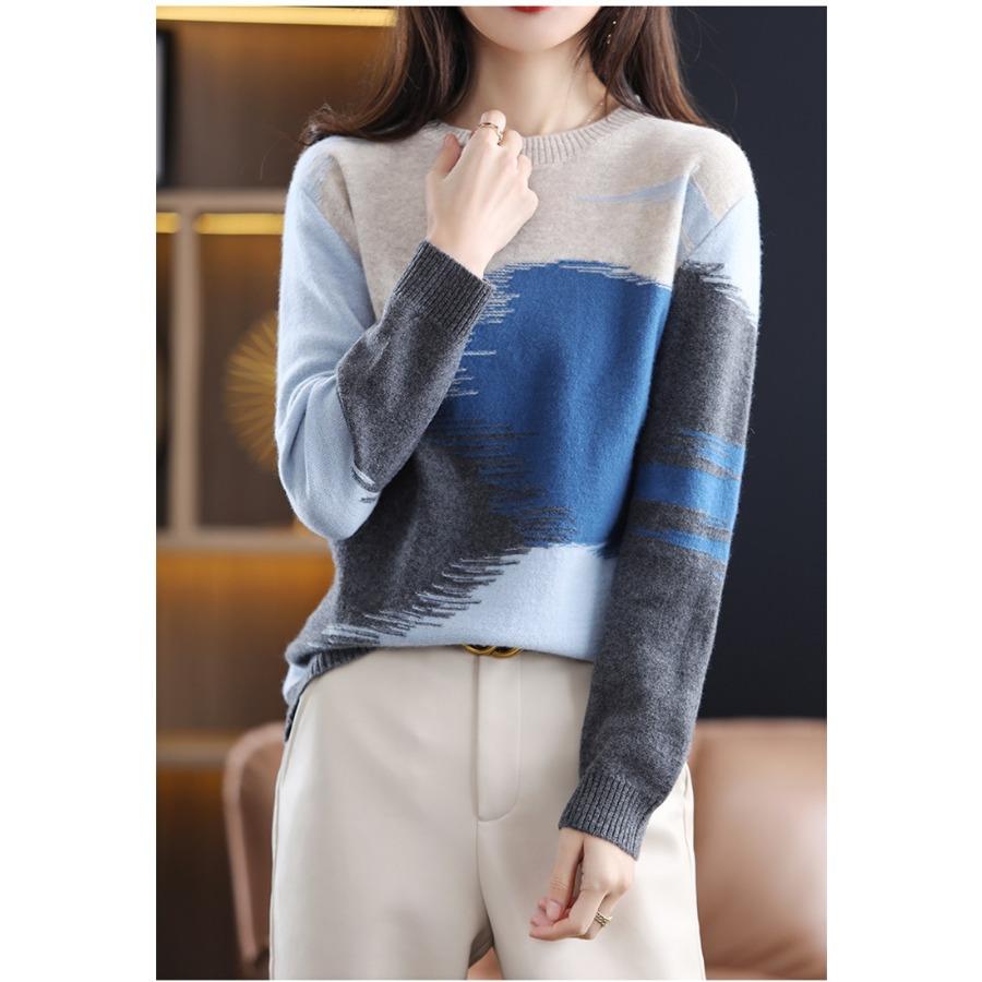 Круглый вырез контрастные свитера женские корейские свободный крой повседневный универсальный вязаный свитер модный пуловер топ