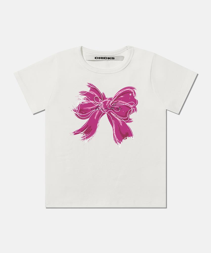 CHICKS Black Ribbon Crop Short Sleeve Tee White