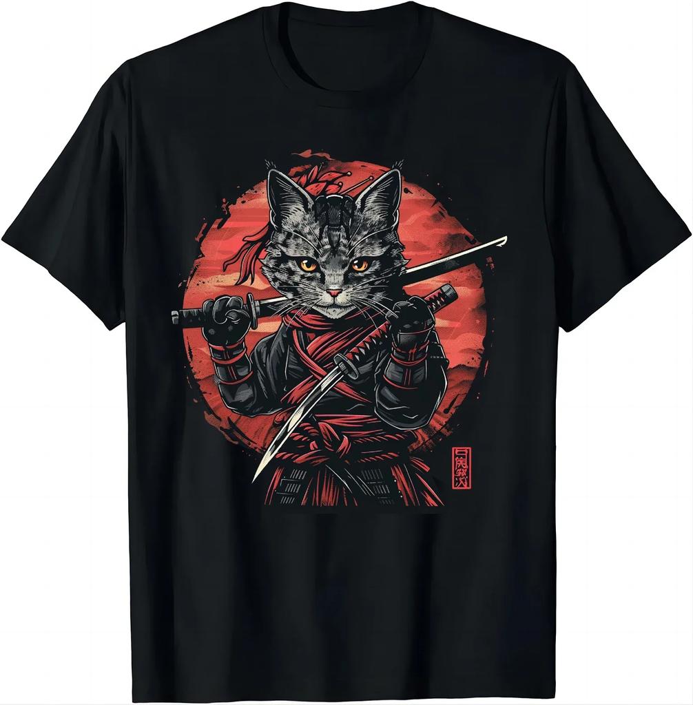 Japanese Samurai Cat Graphic T Shirt for Unisex 100 Cotton Ninja Cat Anime Style Casual Short Sleeve Black Top 2026 New