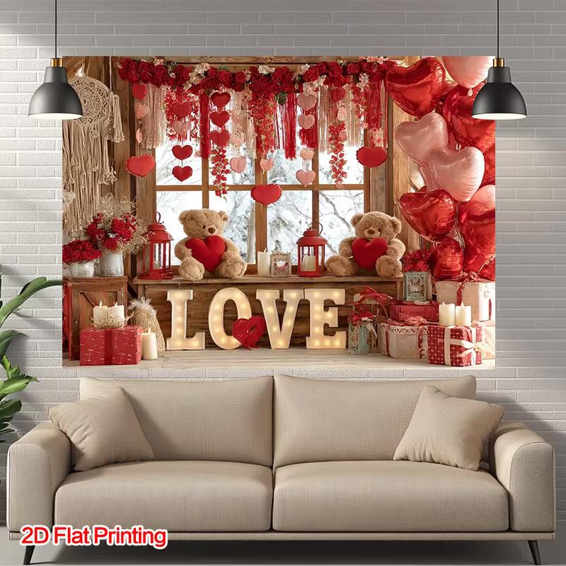 2D Boho Rustic Valentine Tapestry, Red Hearts, Flowers & Teddy Bears
