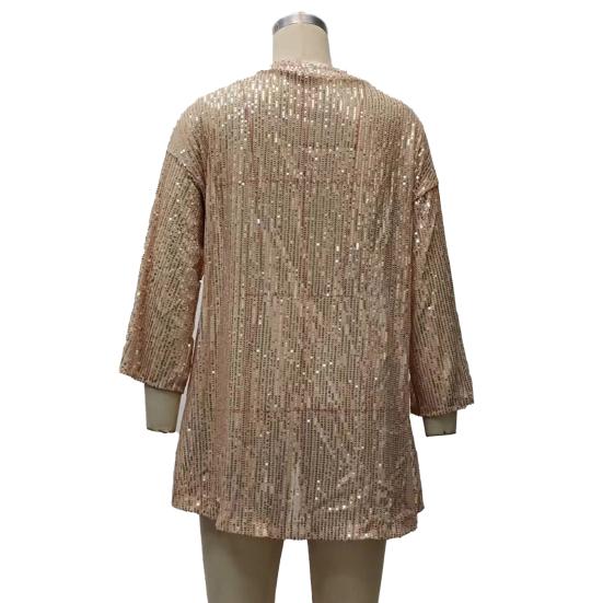 Women Sequin Coat Long Sleeve Open Front Solid Color Jacket Solid Color Spring Autumn Mid-length Cardigan