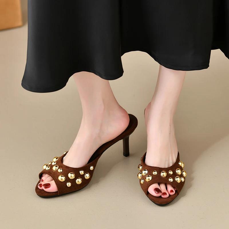 Summer New High-heeled Sandals Women's Temperament Round Head Shallow Rivet Thin Heel Versatile Outward Wear Flip-flops