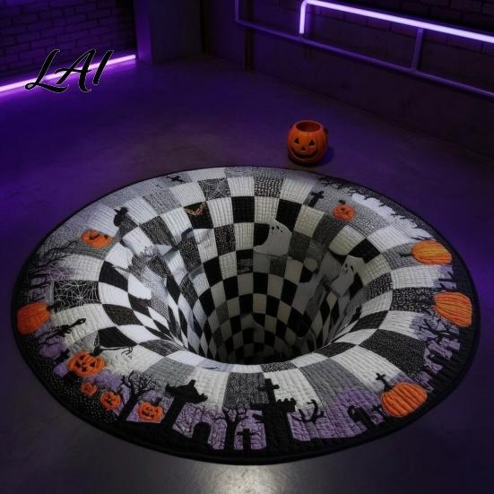 Festive Indoor Party Entrance Mat 3D Halloween Rug Bottomless Pit Illusion Quilted Look Floor Spooky Living Room Decor Mat Non-Slip Area Rug