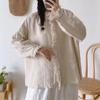 Vintage Linen Ruffles Womens Tops Blouses Autumn Solid Color Loose Full Sleeve Button Shirts