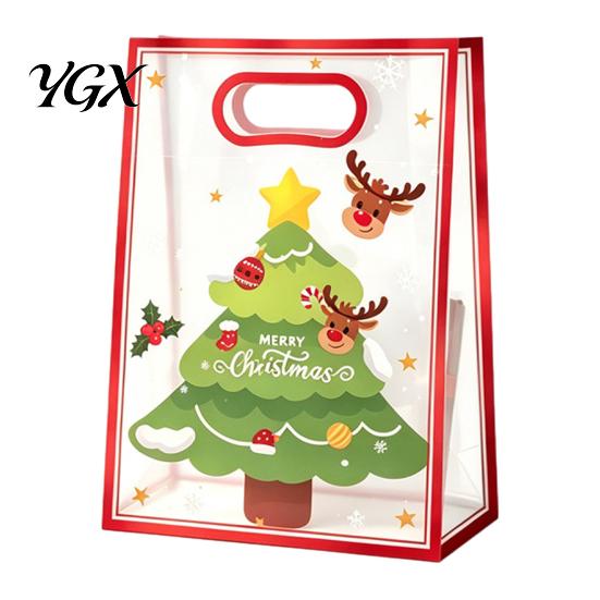 Holiday Party Gift Containers Christmas Bags with Handles, Reusable Clear PP Treat for Candy Apples Cookies, Favor Packaging Ribbon Bow Transparent