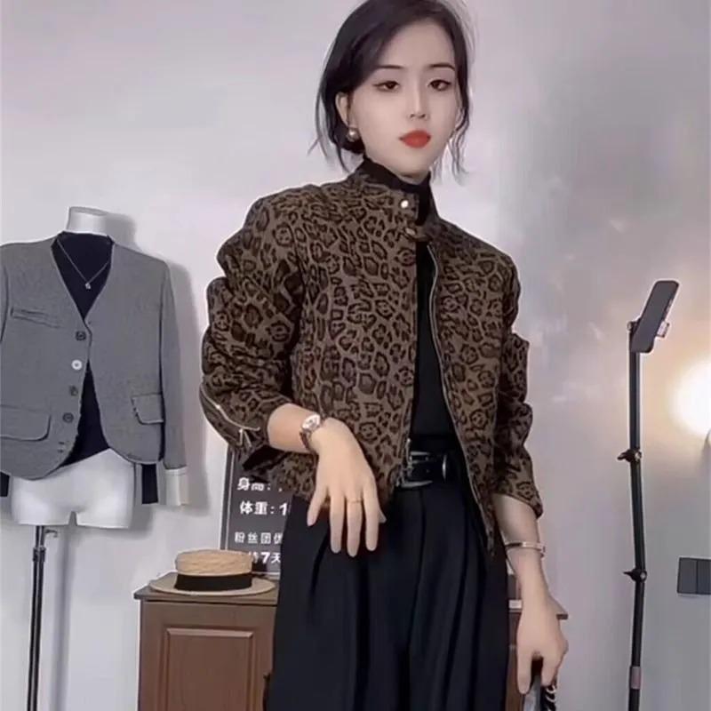 Ретро Леопардовый Принт Модная Короткая Куртка Кардиган на Молнии Повседневный Топ