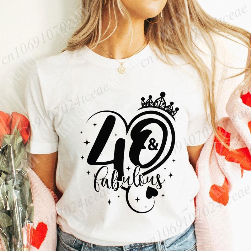 40-я Потрясающая Футболка для Женщин 40-й День Рождения Топы Модные Блестящая Графика Короны Футболки с Коротким Рукавом Женская Одежда